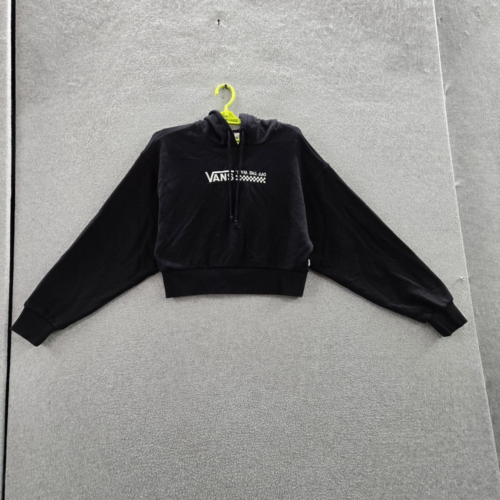 Vans Women Hoodie M Black Check Cropped Fleece Graphic Long Sleeve
